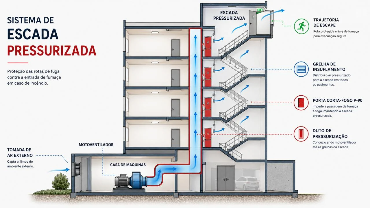 Diagrama dos principais componentes de uma escada pressurizada